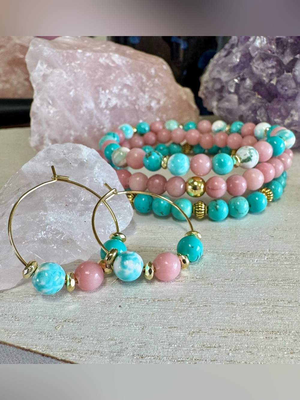 Pink Opal and Howlite beaded bracelet and hoop earring set - seafoam and pink